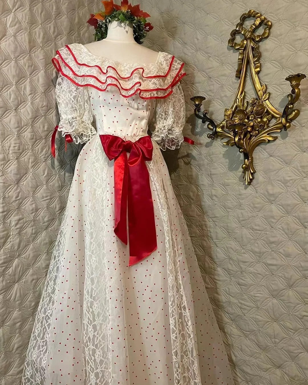 Retro White And Red Color-Blocked Ruffled Collar Polka Dot Bow Lace A-Line Long Formal Prom Dresses
