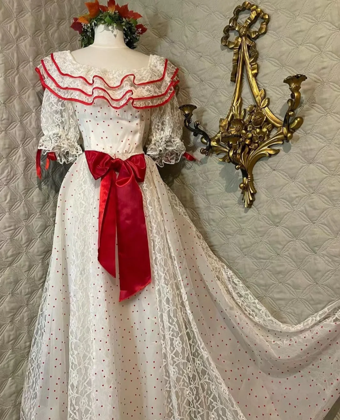 Retro White And Red Color-Blocked Ruffled Collar Polka Dot Bow Lace A-Line Long Formal Prom Dresses