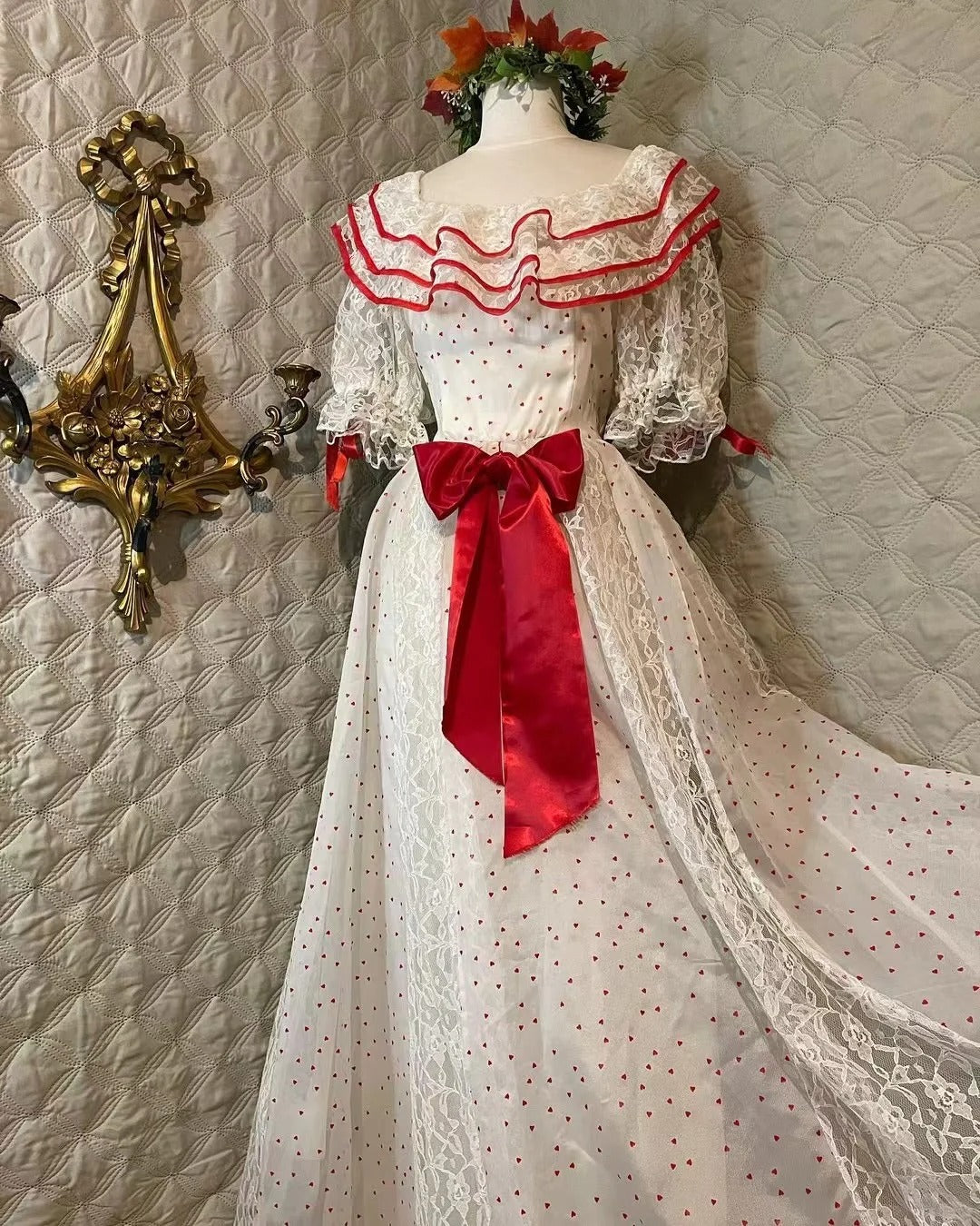 Retro White And Red Color-Blocked Ruffled Collar Polka Dot Bow Lace A-Line Long Formal Prom Dresses