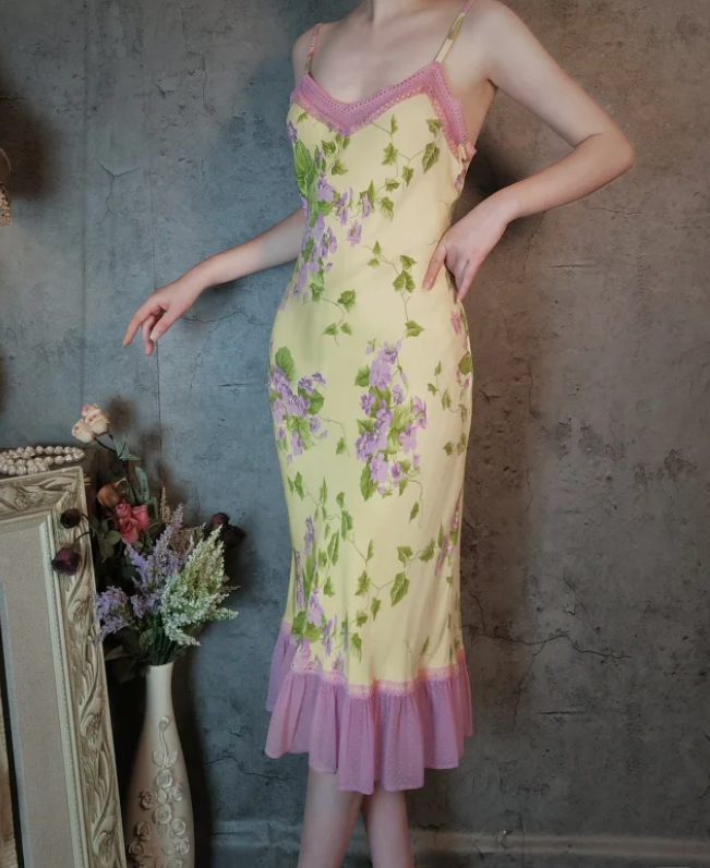 Retro Yellow-Based Purple Floral Mermaid Spaghetti Strap V-Neck Chiffon Formal Prom Dresses Secondary image