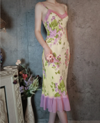 Retro Yellow-Based Purple Floral Mermaid Spaghetti Strap V-Neck Chiffon Formal Prom Dresses
