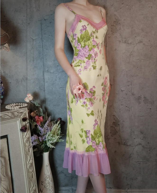 Retro Yellow-Based Purple Floral Mermaid Spaghetti Strap V-Neck Chiffon Formal Prom Dresses