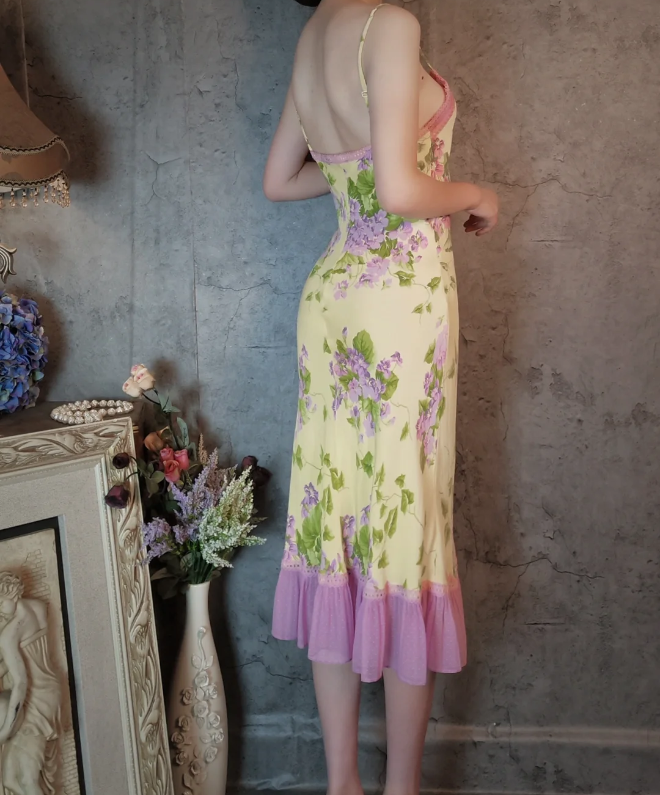 Retro Yellow-Based Purple Floral Mermaid Spaghetti Strap V-Neck Chiffon Formal Prom Dresses