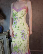 Retro Yellow-Based Purple Floral Mermaid Spaghetti Strap V-Neck Chiffon Formal Prom Dresses