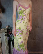 Retro Yellow-Based Purple Floral Mermaid Spaghetti Strap V-Neck Chiffon Formal Prom Dresses