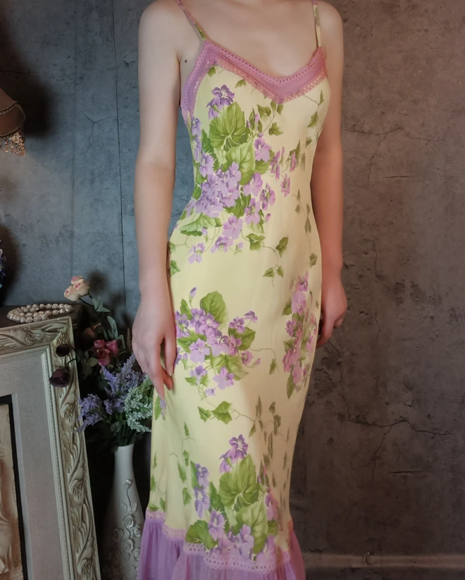 Retro Yellow-Based Purple Floral Mermaid Spaghetti Strap V-Neck Chiffon Formal Prom Dresses