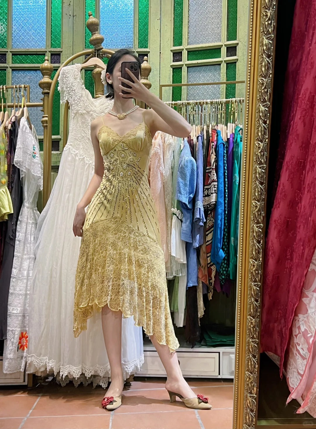 Retro Yellow Irregular Deep V Halter Lace Satin Formal Prom Dresses