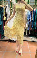 Retro Yellow Irregular Deep V Halter Lace Satin Formal Prom Dresses