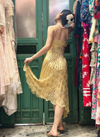 Retro Yellow Irregular Deep V Halter Lace Satin Formal Prom Dresses