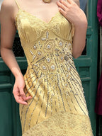 Retro Yellow Irregular Deep V Halter Lace Satin Formal Prom Dresses