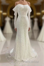 Ivory Mermaid Sequined Formal Prom Dresses with Long Sleeves, Sparkly Long Party Dresses