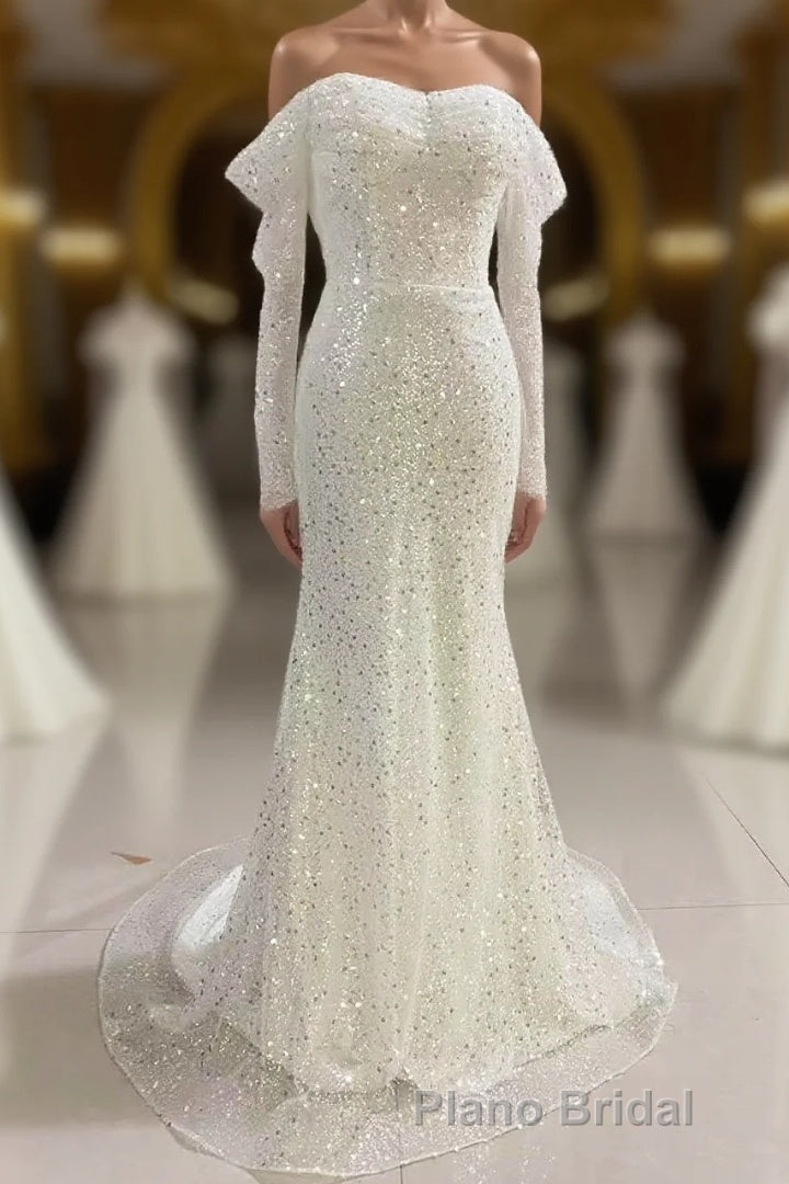 Ivory Mermaid Sequined Formal Prom Dresses with Long Sleeves, Sparkly Long Party Dresses