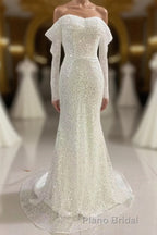 Ivory Mermaid Sequined Formal Prom Dresses with Long Sleeves, Sparkly Long Party Dresses