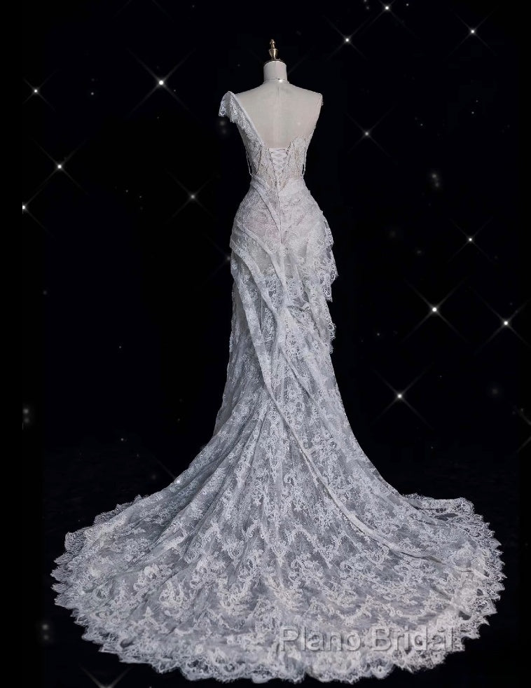 Romantic High Low One Shoulder Lace White Long Wedding Dresses Secondary image