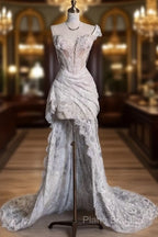 Romantic High Low One Shoulder Lace White Long Wedding Dresses