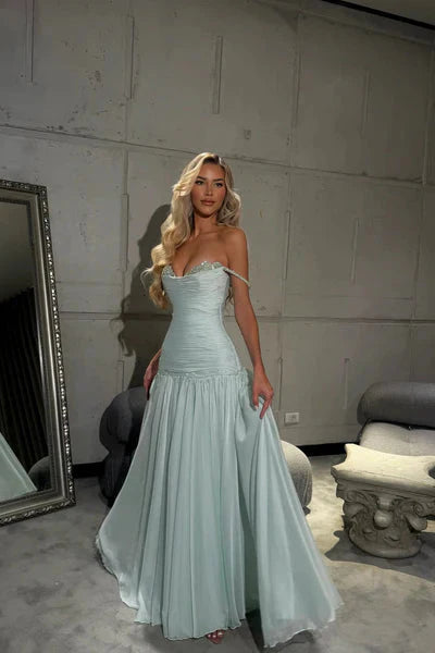 Romantic Off-The-Shoulder Chiffon Sleeveless Formal Prom Dresses Beads Pleats With Zipper Secondary image