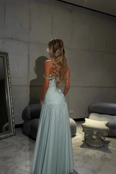 Romantic Off-The-Shoulder Chiffon Sleeveless Formal Prom Dresses Beads Pleats With Zipper