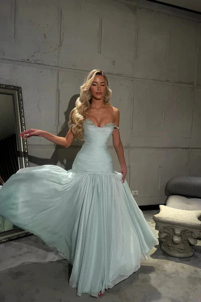 Romantic Off-The-Shoulder Chiffon Sleeveless Formal Prom Dresses Beads Pleats With Zipper Main image
