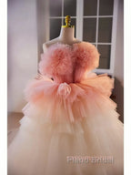 Romantic Pink Tulle Ball Gown Ombre Tiers Formal Prom Dresses