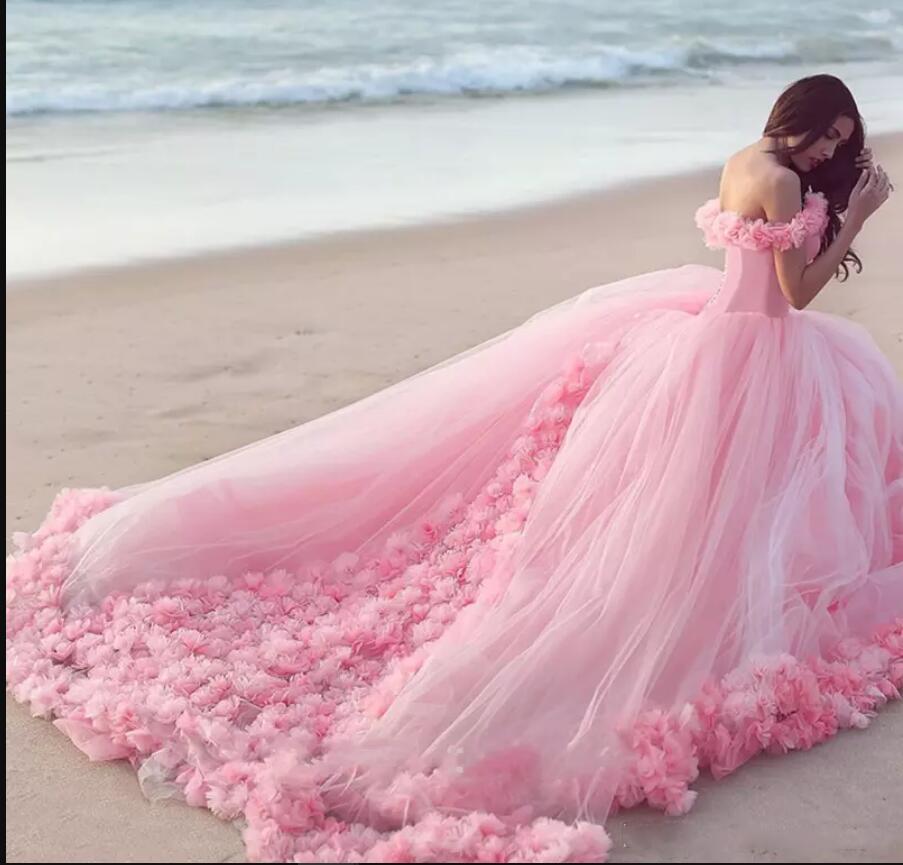 Romantic Poofy Pink Floral Wedding Dresses Off The Shoulder Ball Gown Quinceanera Dresses Secondary image