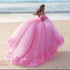Romantic Poofy Pink Floral Wedding Dresses Off The Shoulder Ball Gown Quinceanera Dresses