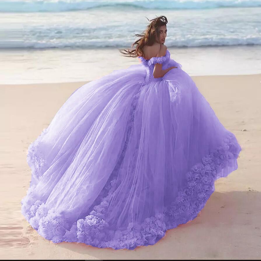 Romantic Poofy Pink Floral Wedding Dresses Off The Shoulder Ball Gown Quinceanera Dresses