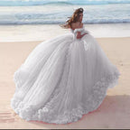 Romantic Poofy Pink Floral Wedding Dresses Off The Shoulder Ball Gown Quinceanera Dresses