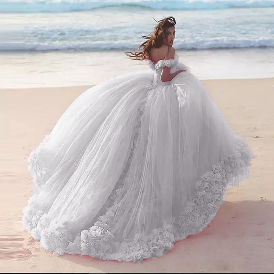 Romantic Poofy Pink Floral Wedding Dresses Off The Shoulder Ball Gown Quinceanera Dresses