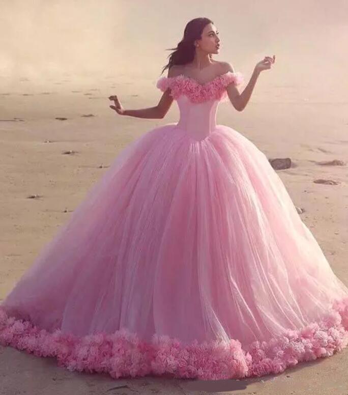 Romantic Poofy Pink Floral Wedding Dresses Off The Shoulder Ball Gown Quinceanera Dresses