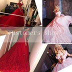 Romantic Poofy Pink Floral Wedding Dresses Off The Shoulder Ball Gown Quinceanera Dresses