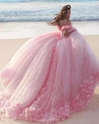 Romantic Poofy Pink Floral Wedding Dresses Off The Shoulder Ball Gown Quinceanera Dresses