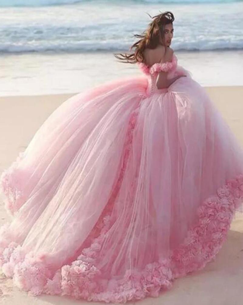 Romantic Poofy Pink Floral Wedding Dresses Off The Shoulder Ball Gown Quinceanera Dresses