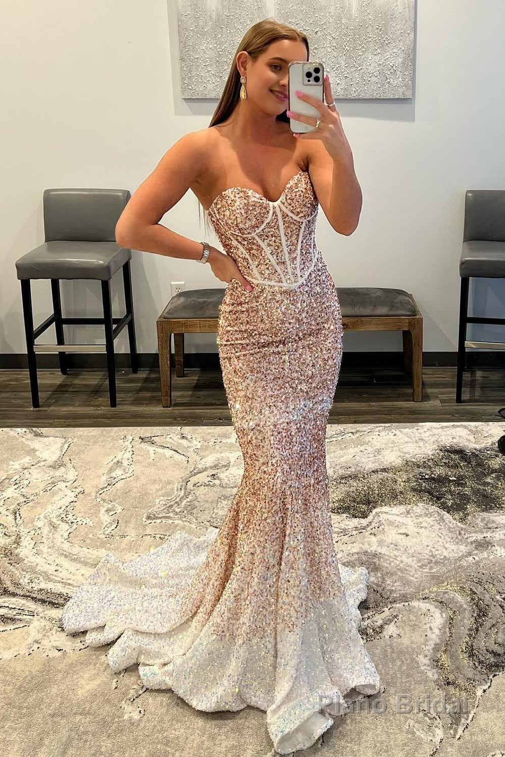 Rose Gold Sparkly Sequins Mermaid Long Prom Dress Main image