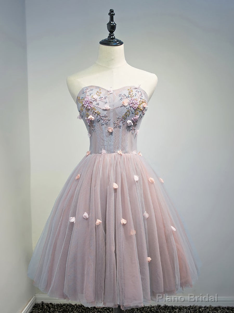 Rose Pink Short Floral Prom Dresses, Short Graduation Homecoming Dress with Beaded Flower Main image