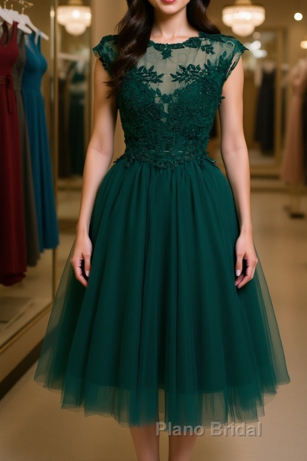 Round Neck Beaded Green Lace Short Formal Prom Homecoming Dress, Short Green Lace Formal Graduation Evening Dress Main image