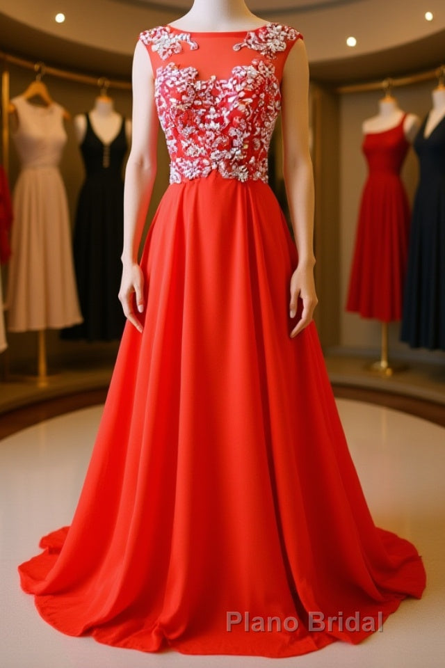 Round Neck Beaded Red Formal Prom Dresses, Red Formal Dresses, Red Evening Dresses Main image