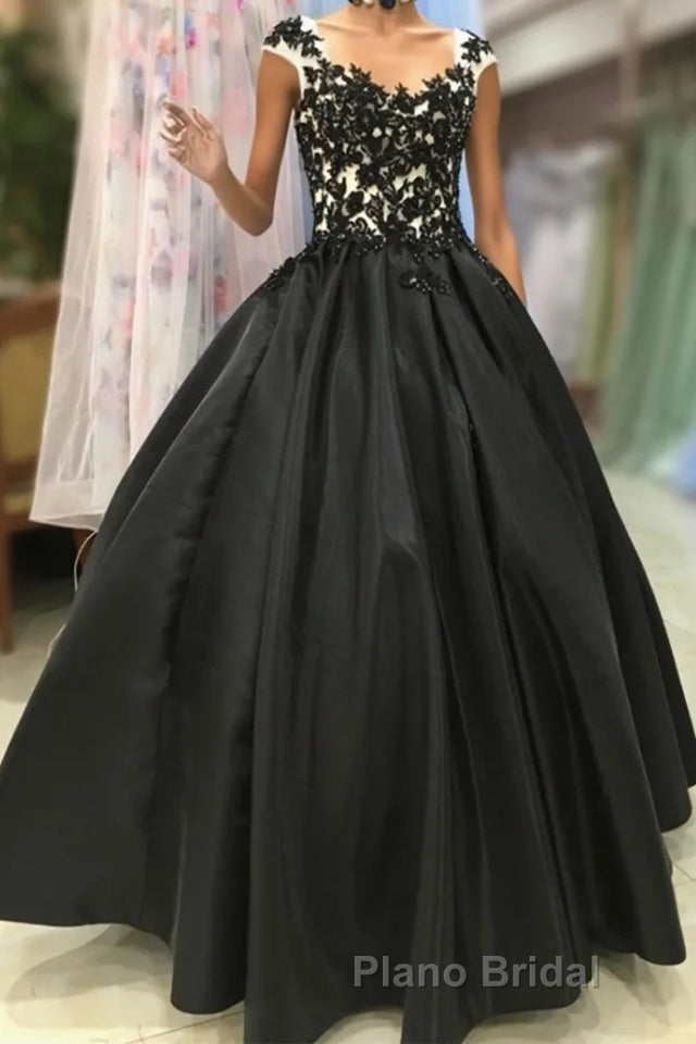 Round Neck Black Lace Floral Long Formal Prom Dress, Black Lace Formal Dress with Appliques, Black Evening Dress Main image