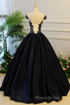 Round Neck Black Lace Floral Long Formal Prom Dress, Black Lace Formal Dress with Appliques, Black Evening Dress