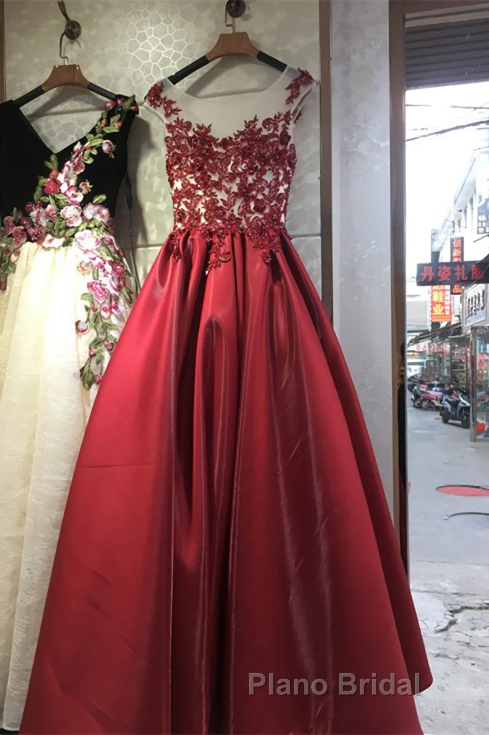 Round Neck Black Lace Floral Long Formal Prom Dress, Black Lace Formal Dress with Appliques, Black Evening Dress