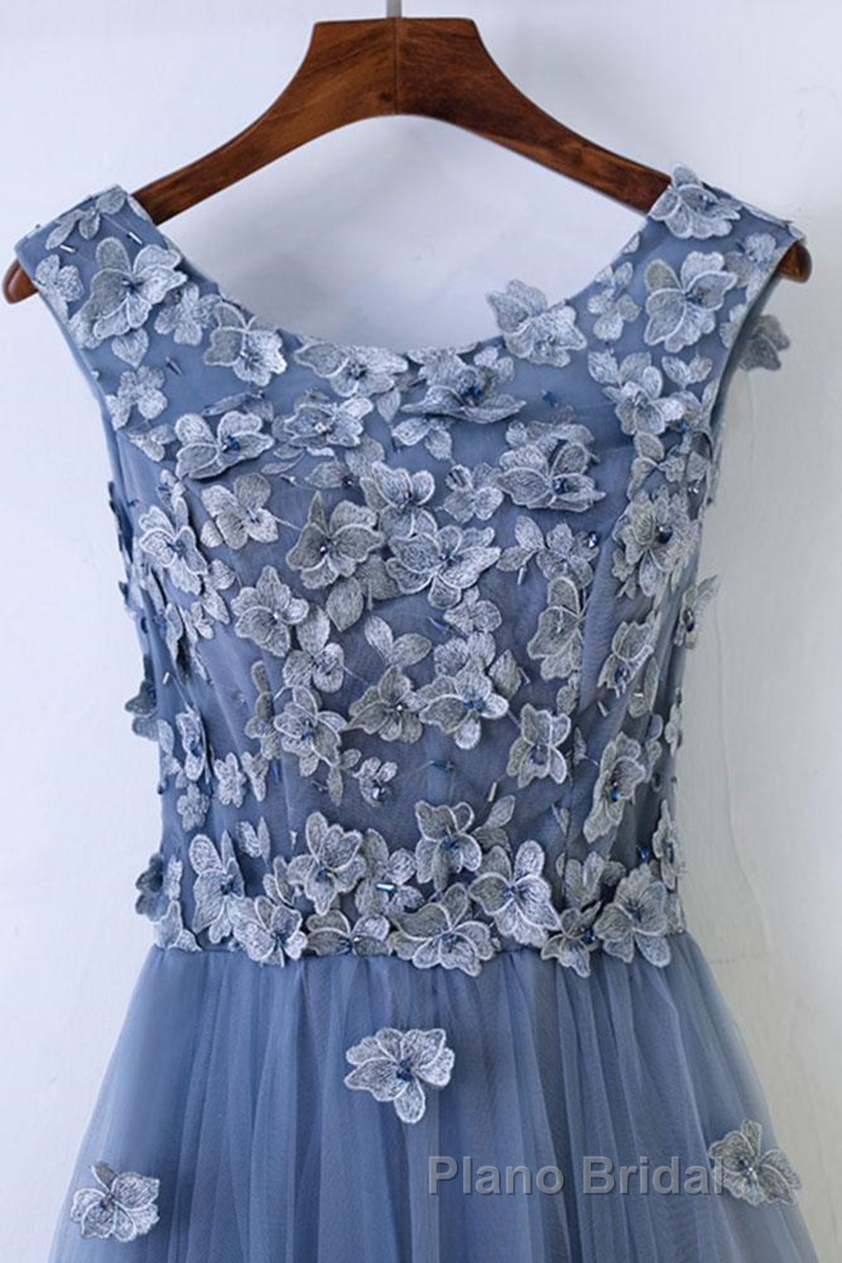 Round Neck Blue Lace Floral Long Formal Prom Dresses, Blue Lace Long Formal Evening Dresses Secondary image