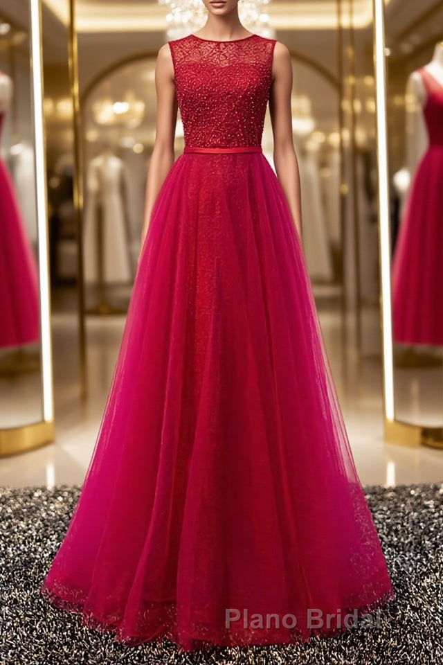 Round Neck Burgundy Beaded Formal Prom Dresses, Wine Red Beaded Formal Evening Bridesmaid Dresses