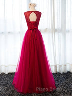 Round Neck Burgundy Beaded Formal Prom Dresses, Wine Red Beaded Formal Evening Bridesmaid Dresses