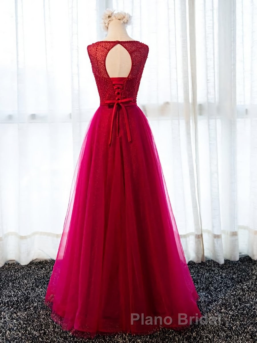 Round Neck Burgundy Beaded Formal Prom Dresses, Wine Red Beaded Formal Evening Bridesmaid Dresses