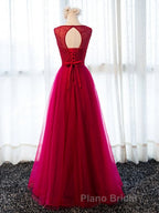 Round Neck Burgundy Beaded Formal Prom Dresses, Wine Red Beaded Formal Evening Bridesmaid Dresses