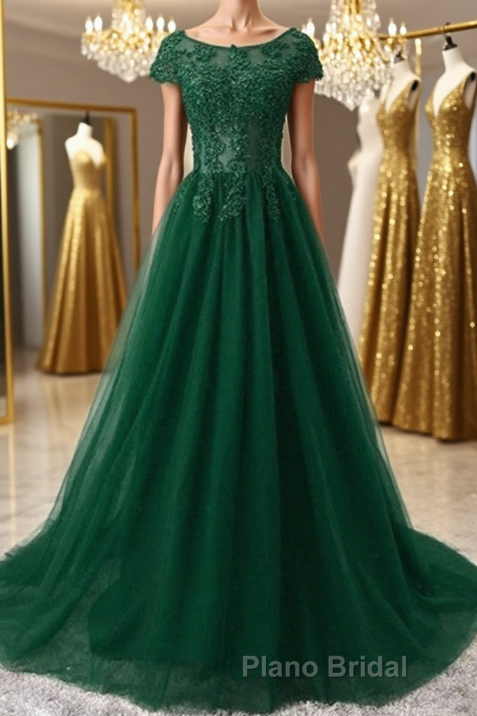 Round Neck Cap Sleeves Lace Long Formal Prom Dresses,Tulle Lace Formal Evening Dresses Main image