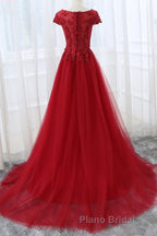 Round Neck Cap Sleeves Lace Long Formal Prom Dresses,Tulle Lace Formal Evening Dresses