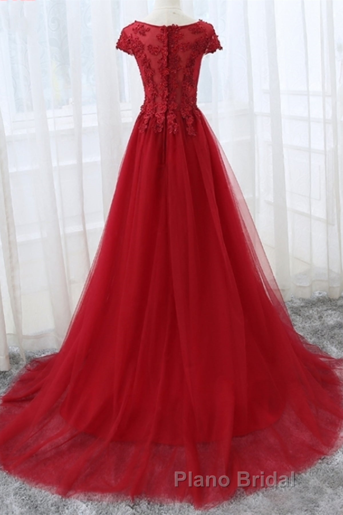 Round Neck Cap Sleeves Lace Long Formal Prom Dresses,Tulle Lace Formal Evening Dresses