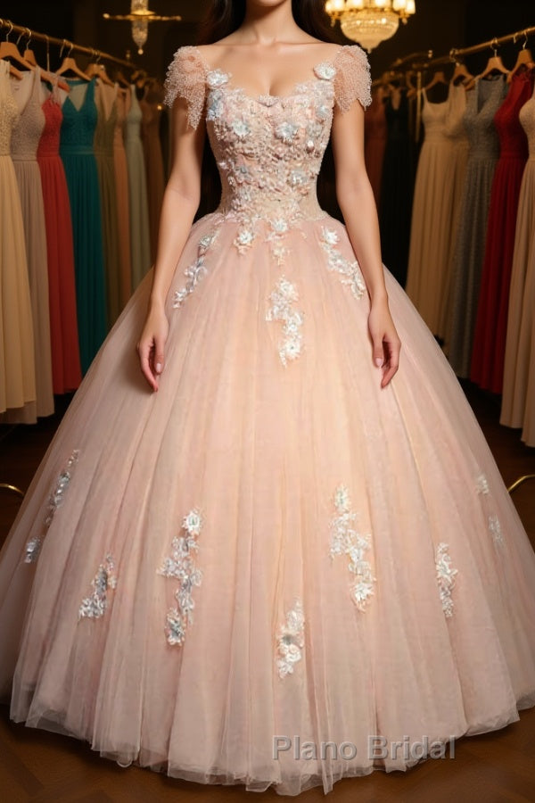 Round Neck Cap Sleeves Lace Pink Long Formal Prom Dress, Pink Lace Formal Dress, Pink Evening Dress, Ball Gown Main image