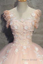 Round Neck Cap Sleeves Lace Pink Long Formal Prom Dress, Pink Lace Formal Dress, Pink Evening Dress, Ball Gown
