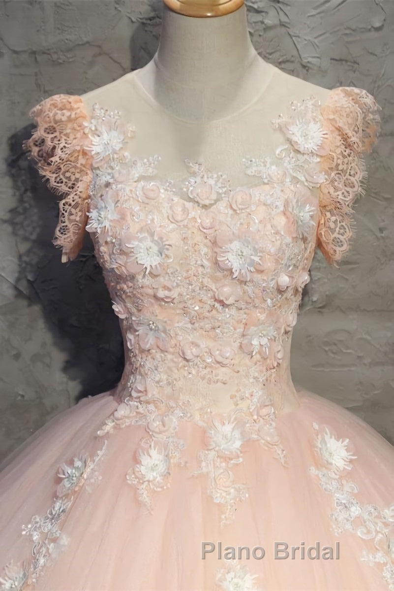 Round Neck Cap Sleeves Lace Pink Long Formal Prom Dress, Pink Lace Formal Dress, Pink Evening Dress, Ball Gown